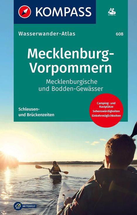 Text: Mecklenburg-Vorpommern, Wasserwander-Atlas. Bild: Zwei Menschen im Kanu auf einem sonnigen See.