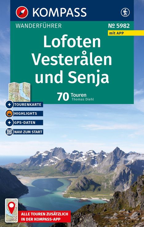 Lofoten, Vesterålen und Senja: 70 Touren. Wandführer. Nummer 5982 mit App. Berge vor klarem Himmel im Hintergrund.