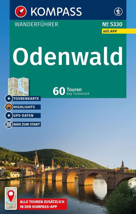 Text: "KOMPASS WANDERFÜHRER, Odenwald, 60 Touren, mit APP, TOURENKARTE, HIGHLIGHTS, GPS-DATEN, NAVI ZUM START, 5330."

Hauptteil: Ein Fluss mit Brücke und Stadt im Hintergrund.