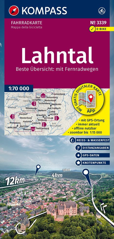 Lahntal Fahrradkarte, beste Übersicht mit Fernradwegen, GPS-Ortung, offline nutzbar, 1:70.000, E-Bike geeignet.