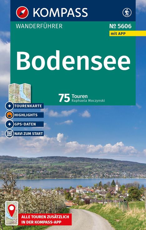 KOMPASS Wanderführer Bodensee. 75 Touren. Tourenkarte, Highlights, GPS-Daten, Navi zum Start. Landschaft mit See.