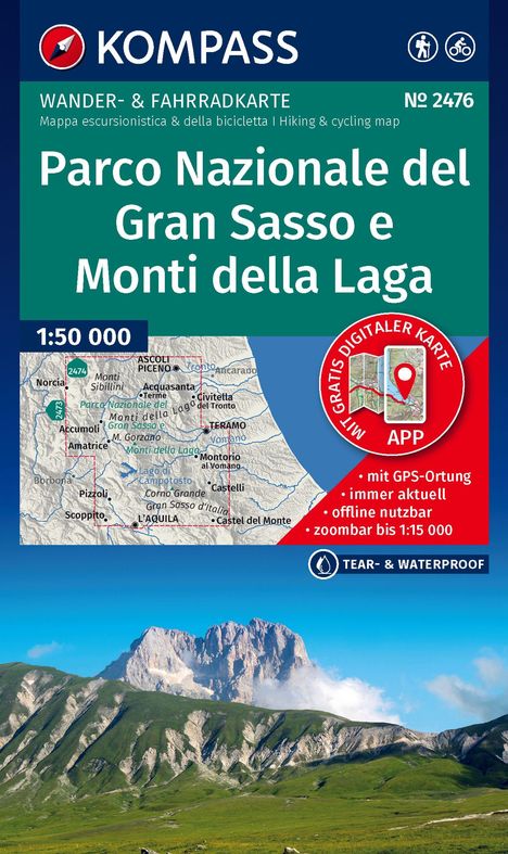 "Parco Nazionale del Gran Sasso e Monti della Laga" steht auf einer Karte. Im Hintergrund sind grüne Hügel und Berge.