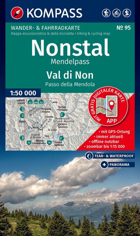 "Nonstal, Mendelpass, Val di Non. Karte mit GPS, offline, 1:50 000. Wald und Berge unter bewölktem Himmel."