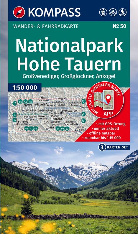 KOMPASS Wander- & Fahrradkarte, Nationalpark Hohe Tauern, mit GPS-Ortung, zeigt eine alpine Landschaft mit blühenden Wiesen.