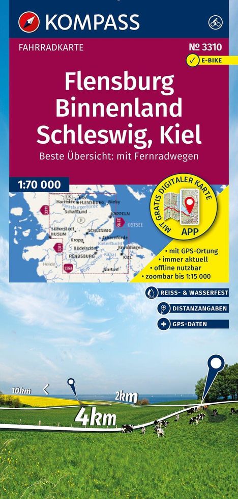 "Flensburg Binnenland Schleswig, Kiel" Karte mit Fahrradwegen, Landkarte, Meerhorizont, Kühe auf grüner Wiese, Distanzen.