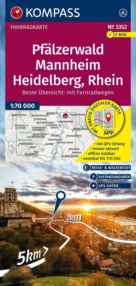 "Pfälzerwald Mannheim Heidelberg, Rhein. Mit GPS-Ortung. Kompass-Logo. Karte mit Radwegen. Sonnenuntergang über Stadt."