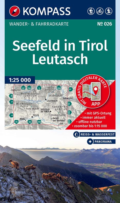 "Seefeld in Tirol Leutasch" Wanderkarte. Abbildung zeigt eine Berglandschaft mit Schafen im Vordergrund.