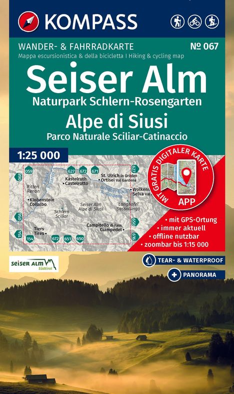 "Seiser Alm" Wander- und Fahrradkarte. Inkl. Panorama und digitale App-Funktion. Landschaft mit Hütten im Nebel.