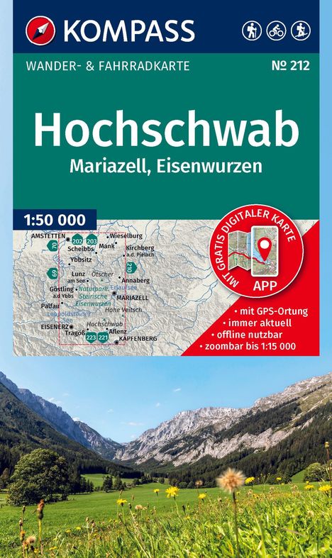 Hochschwab Karte für Wanderer und Radfahrer, Gebiete: Mariazell, Eisenwurzen. Landschaftsbild mit Bergen und grüner Wiese.