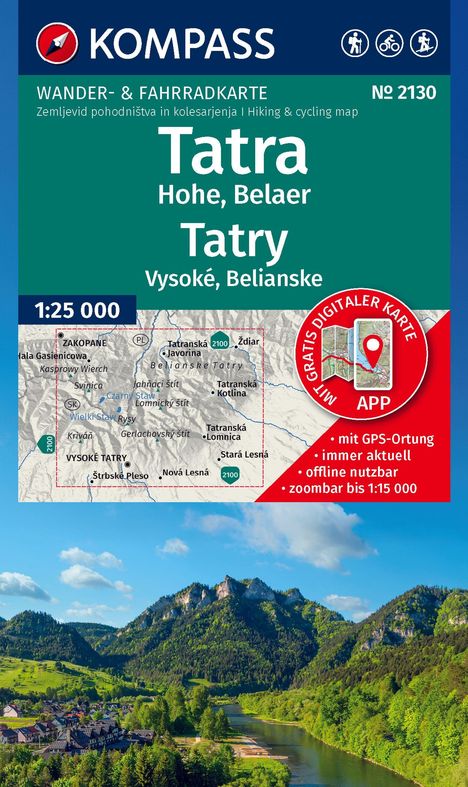 Wanderkarte der Tatra, Hohe Berge. Inkl. GPS-App, offline nutzbar. Unten Fluss mit bewaldeten Hügeln im Hintergrund.
