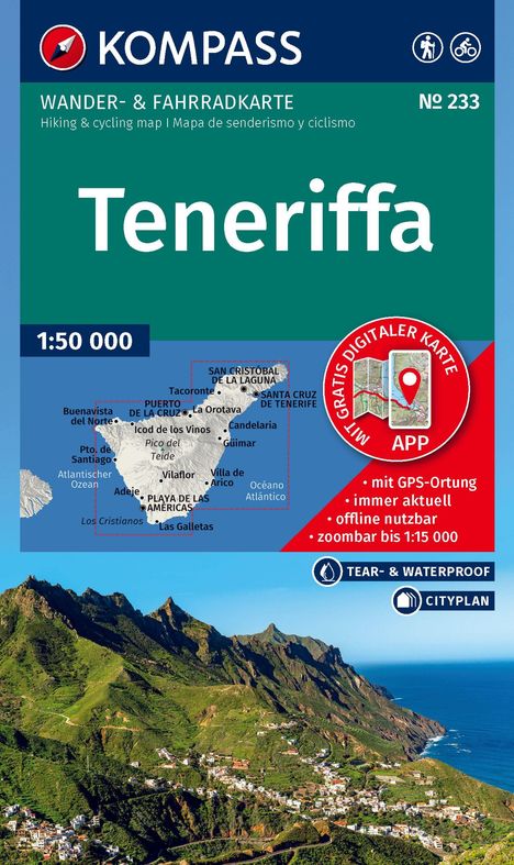 Text: "Kompass Wander- & Fahrradkarte Teneriffa". Illustration: Eine Karte von Teneriffa; Foto: grüne Berge und Meer.