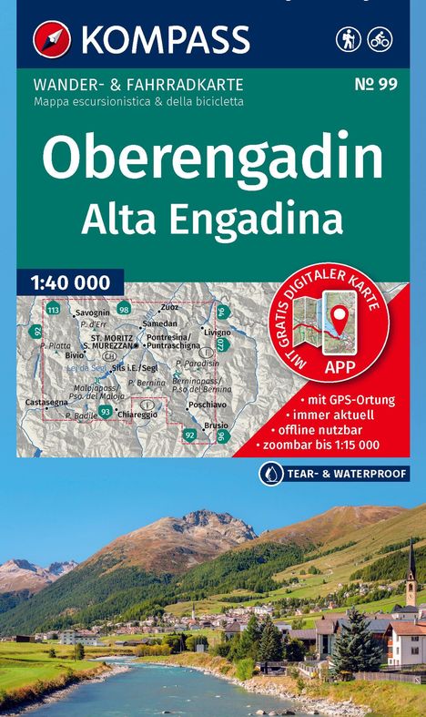 "WANDER- & FAHRRADKARTE Oberengadin Alta Engadina, 1:40 000, mit GPS, offline, wasserfest. Landschaft mit Fluss und Bergen."
