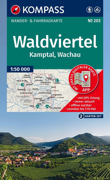"Waldviertel Kamptal, Wachau. 1:50 000. Gratis digitale Karte. Unten: Landschaft mit Fluss, grünen Hügeln und Dorf."