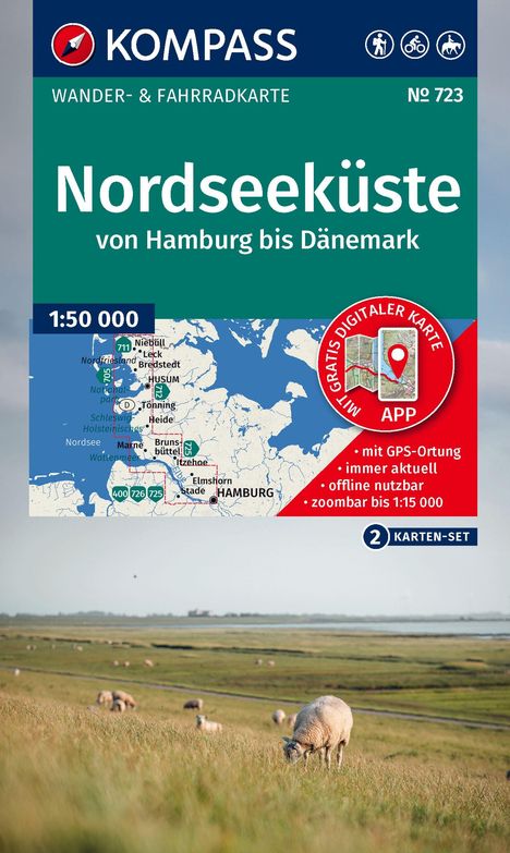 "NORDSEEKÜSTE von Hamburg bis Dänemark." Wander- und Fahrradkarte, mit Schafen und Landschaft im Hintergrund.