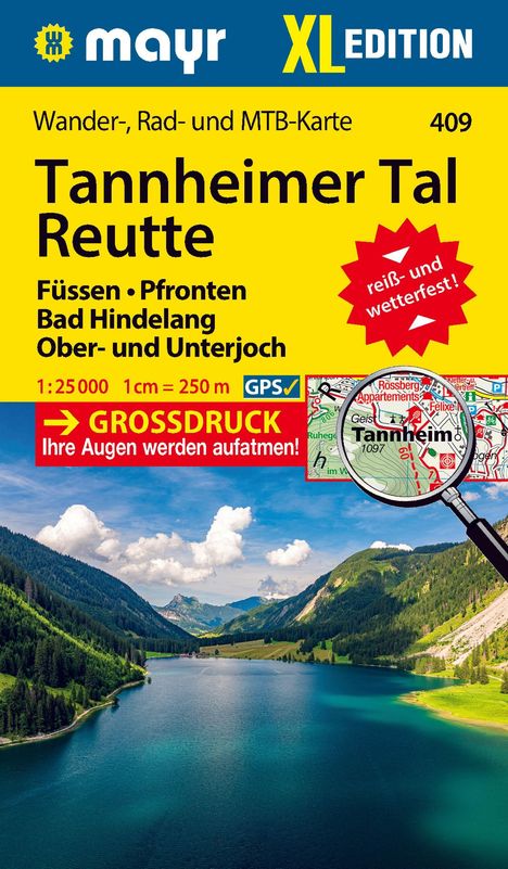 Wanderkarte "Tannheimer Tal Reutte" mit Landschaftsbild von Bergen und einem See, Großdruck, reißfest, wetterfest.