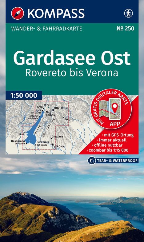 "KOMPASS, Gardasee Ost Karte, Rovereto bis Verona, 1:50 000, GPS-Ortung, offline nutzbar. Landschaft mit See."