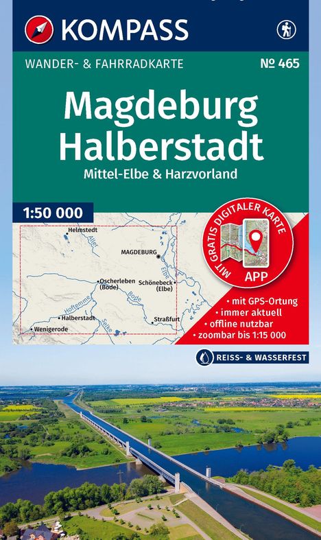 Wander- & Fahrradkarte Magdeburg Halberstadt, Mittel-Elbe & Harzvorland. Karte und Landschaftsfoto.