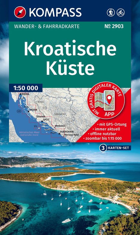 „Kroatische Küste“ mit Karte und Landschaftsansicht, Wander- und Fahrradkarte von Kompass, mit GPS- und Offline-Option.