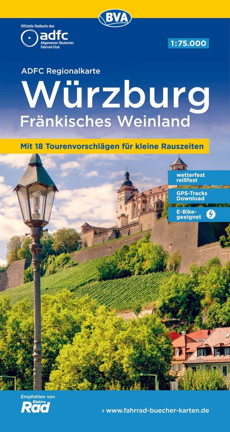 ADFC Regionalkarte Würzburg, Fränkisches Weinland. Mit 18 Tourenvorschlägen. Bild von Festung über Weinbergen.