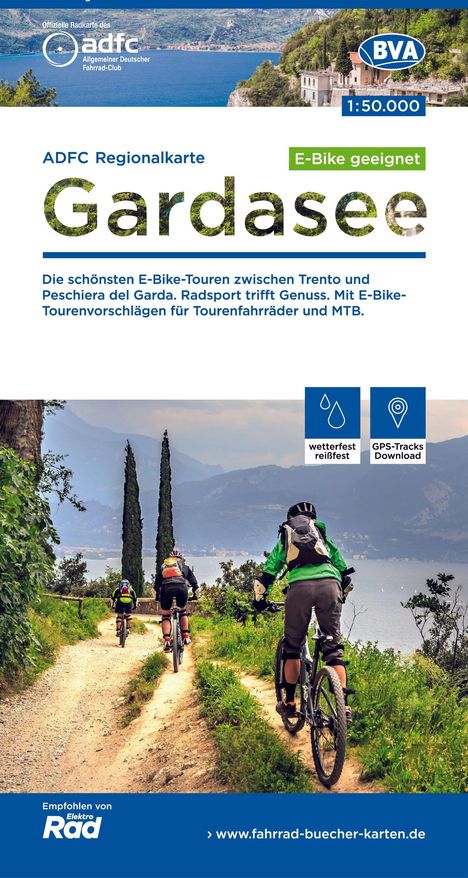 ADFC Regionalkarte Gardasee. E-Bike Touren, wetterfest, GPS Download. Cover zeigt Radfahrer auf einem Waldweg.