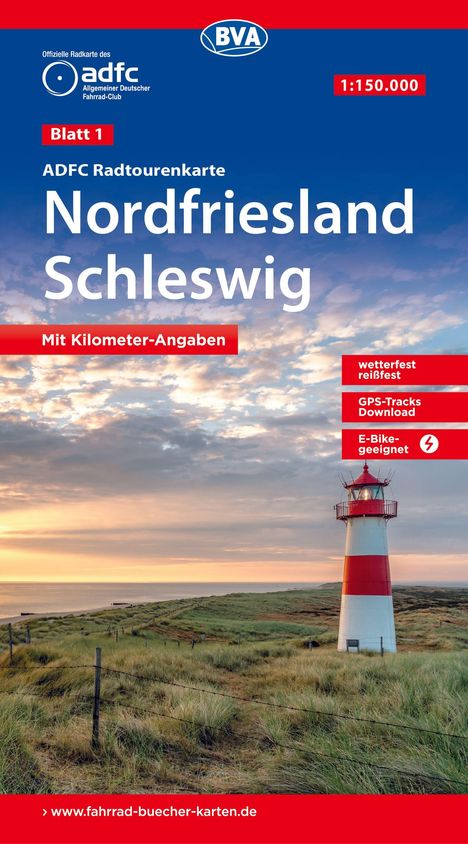 ADFC Radtourenkarte Nordfriesland Schleswig. Bild: Leuchtturm an grasigem Küstenabschnitt, blauer Himmel.