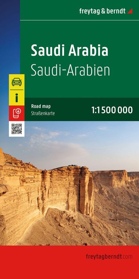 Text: "Saudi Arabia, Saudi-Arabien, Road map, Straßenkarte, 1:1 500 000." Oben Felsen und Autos vor blauem Himmel.