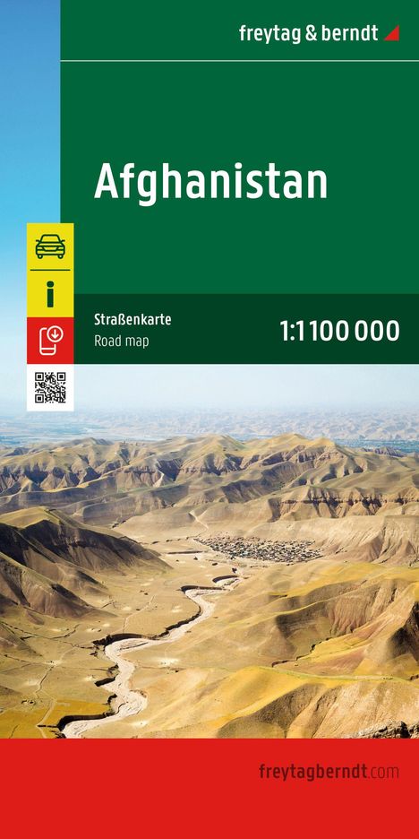 "Afghanistan, Straßenkarte 1:1 100 000. Gelbe und grüne Icons; unten eine Landschaft mit Hügeln und einem Fluss."