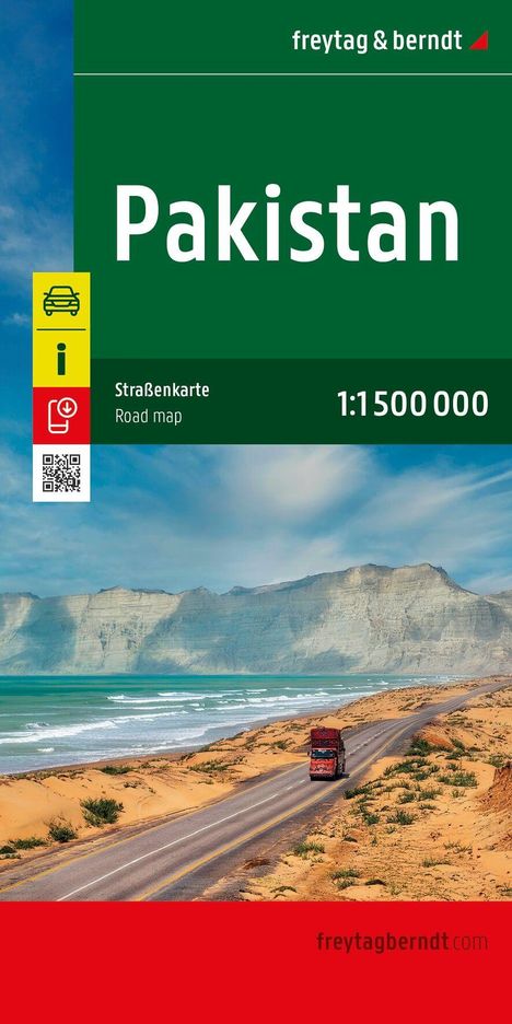 "Pakistan" in großen weißen Buchstaben, dazu Straße am Meer, gelber Truck fährt auf Küstenstraße, imposante Felsen im Hintergrund.