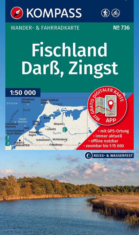 "Fischland Darß, Zingst" groß. Wander- und Fahrradkarte Nr. 736. Karte, Infos zur digitalen App. Darunter Naturbild mit Fluss.