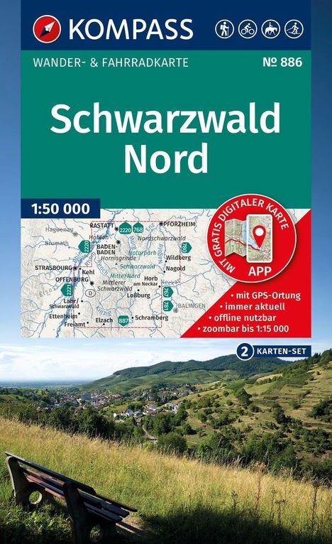 "Schwarzwald Nord", Wander- & Fahrradkarte. Aussicht mit Bank vor Hügeln und Dorf. "2 Karten-Set", "1:50 000".