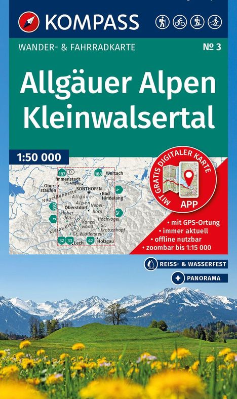 Allgäuer Alpen Kleinwalsertal Karte, 1:50 000, GPS-Ortung, reiß- & wasserfest, mit Panorama. Zeigt Berge und Blumenwiese.