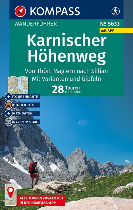 KOMPASS Wanderführer: Karnischer Höhenweg, 28 Touren. Bild zeigt Wanderer vor beeindruckender Berglandschaft.