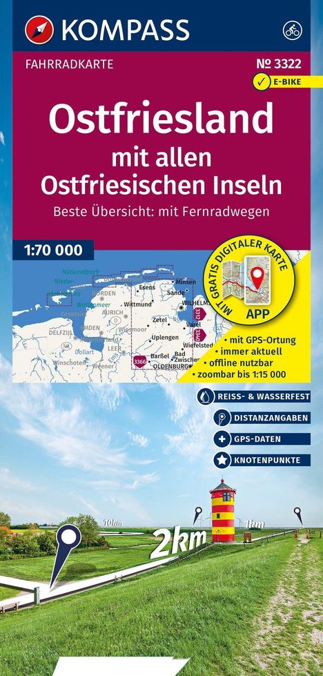 Ostfriesland mit allen Ostfriesischen Inseln. Radwegkarte, Maßstab 1:70 000. Bild zeigt Landschaft mit grünem Deich.