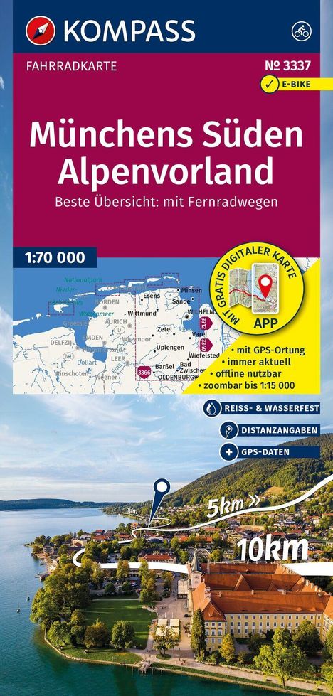 Text: "Münchens Süden Alpenvorland", "Beste Übersicht: mit Fernradwegen", "mit GRATIS DIGITALER KARTE", "APP", "mit GPS-Ortung".

Oben befindet sich das Kompass-Logo. Im unteren Bereich ist eine idyllische Landschaft mit einem See und Bergen.