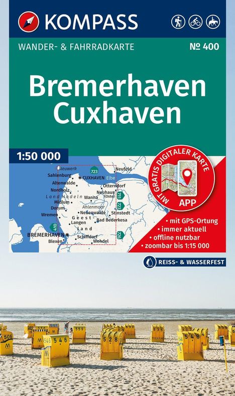 KOMPASS Wander- & Fahrradkarte Nr. 400, Bremerhaven Cuxhaven, Maßstab 1:50 000, mit digitaler Karten-App und Strandbild.