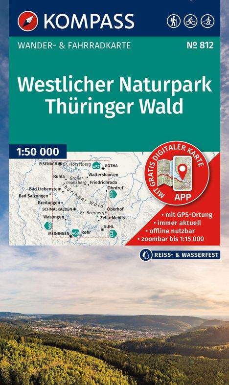 "Westlicher Naturpark Thüringer Wald", Wanderkarte mit Karte und App-Infos. Waldlandschaft mit sanften Hügeln im Hintergrund.