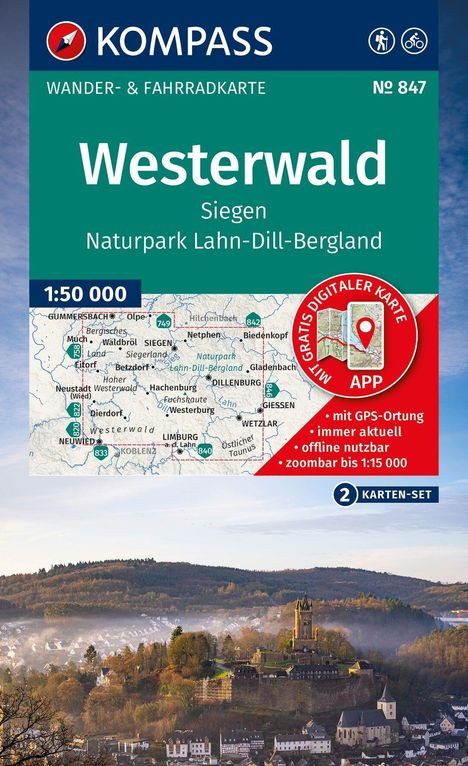 "Westerwald", Karte mit 1:50.000 Maßstab. Landschaftsfoto mit Hügeln, einem historischen Schloss und einem kleinen Ort.