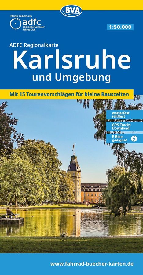 ADFC Regionalkarte Karlsruhe und Umgebung, wetterfest, reißfest, GPS-Tracks Download, E-Bike geeignet. Szenerie: Schloss und Park.