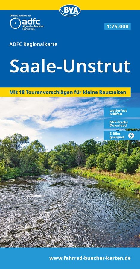 ADFC Regionalkarte Saale-Unstrut. Mit 18 Tourenvorschlägen. Fluss mit grünen Ufern und blauem Himmel.