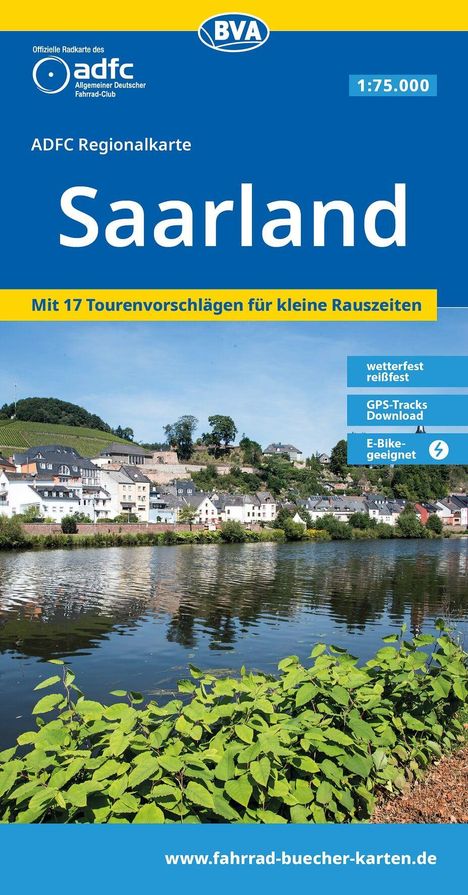 ADFC Regionalkarte Saarland, 17 Tourenvorschläge, wetterfest, GPS-Tracks, E-Bike-geeignet, www.fahrrad-buecher-karten.de.