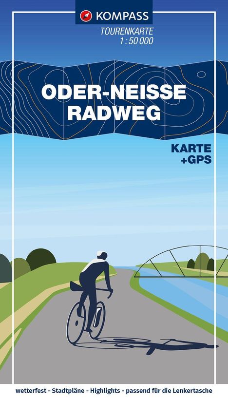 ODER-NEISSE RADWEG, KOMPASS Logo oben, stilisiertes Radfahren entlang von Fluss und Brücke, Natur im Hintergrund.