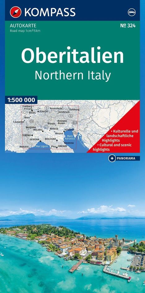 Oberitalien, Northern Italy. Karte mit Städten und Highlights. Panorama: Küste mit klarem Wasser und bunter Stadt.