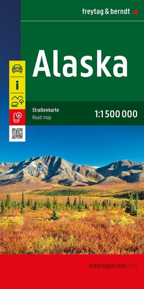 "Alaska Straßenkarte 1:1 500 000" auf grünem Hintergrund. Darunter ein Bild von Bergen und buntem Herbstwald.
