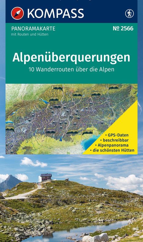 KOMPASS Logo oben. Text: "Alpenüberquerungen, 10 Wanderrouten über die Alpen." Unten eine Berglandschaft mit Hütte.