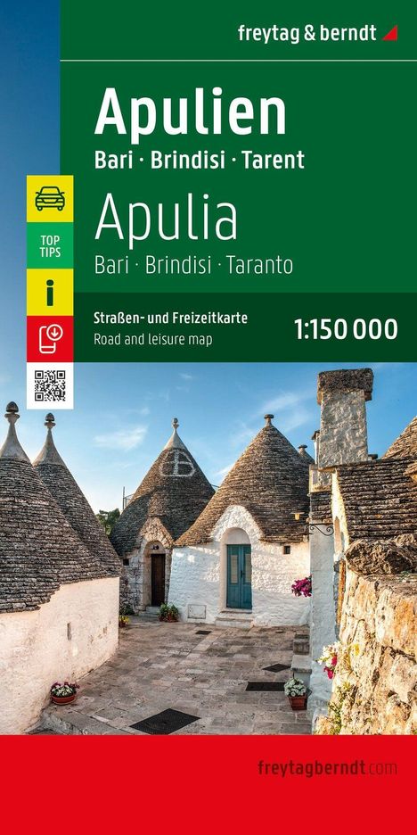 "Apulien, Bari, Brindisi, Tarent, 1:150 000. Straßen- und Freizeitkarte. Trulli-Häuser mit rundem Dach unter klarem Himmel."