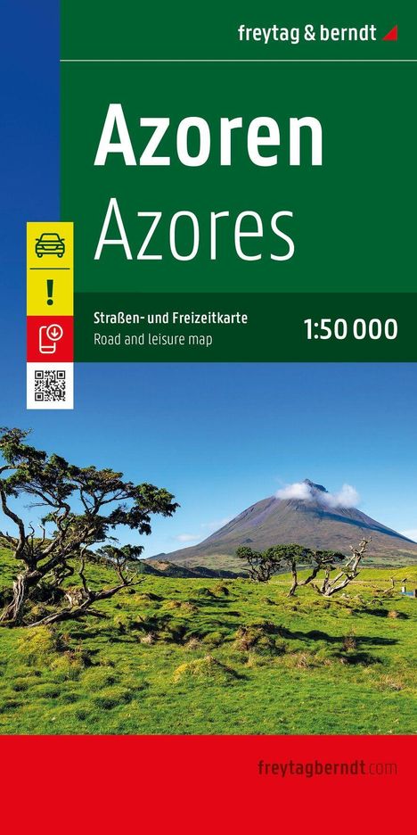 Oben steht "Azoren" und "Straßen- und Freizeitkarte 1:50 000". Bild von grüner Landschaft mit Vulkan im Hintergrund.