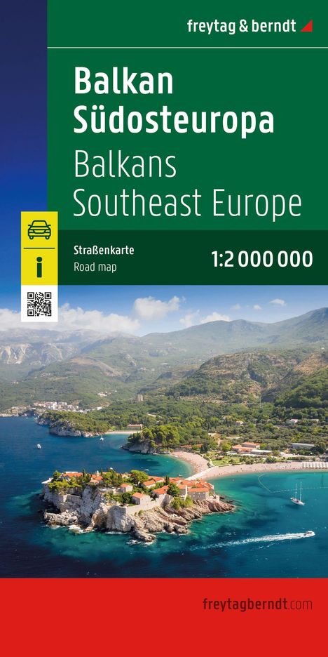 Text: Balkan Südosteuropa, Balkans Southeast Europe, Straßenkarte Road map, 1:2 000 000. Ein Küstenpanorama mit grünen Hügeln.