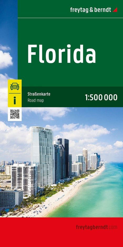 Florida Straßenkarte 1:500 000. Logo oben rechts. Küstenstadt mit hohen Gebäuden und langem Strand.