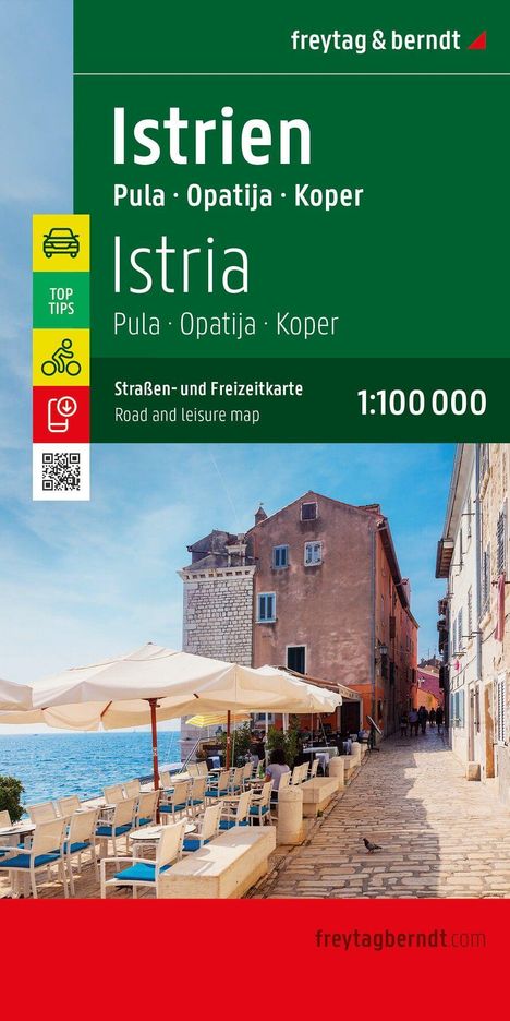 „Istrien, Pula · Opatija · Koper, 1:100 000, Straßen- und Freizeitkarte.“ Oberteil grün, Unterteil mit Küstenansicht.