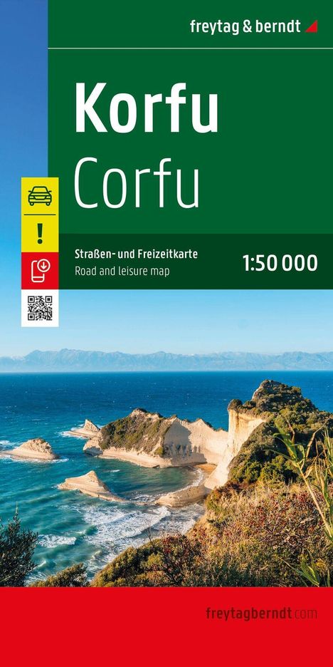 Korfu Karte 1:50 000, freytag & berndt. Küste mit blauem Meer und grüner Landschaft. QR-Code und Autopiktogramm.